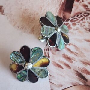 Floral Sterling  Silver and Brown Taxco Earrings